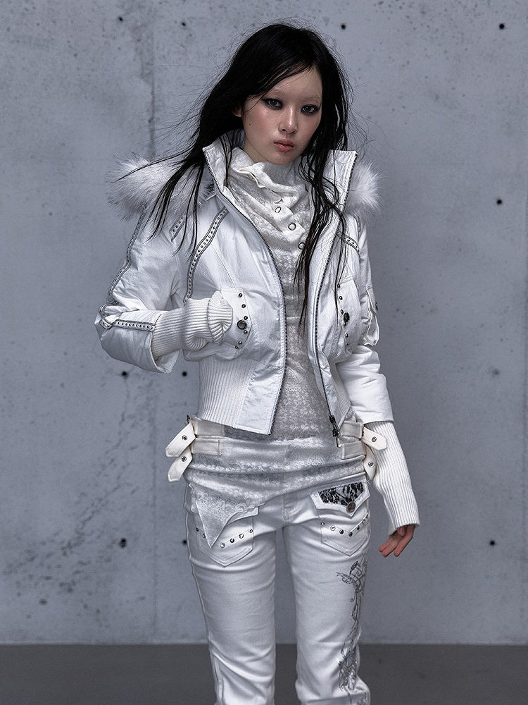 Hoodie Placket Two-Way Wasteland White Knitted Jacket Sleeves with Zip Punk