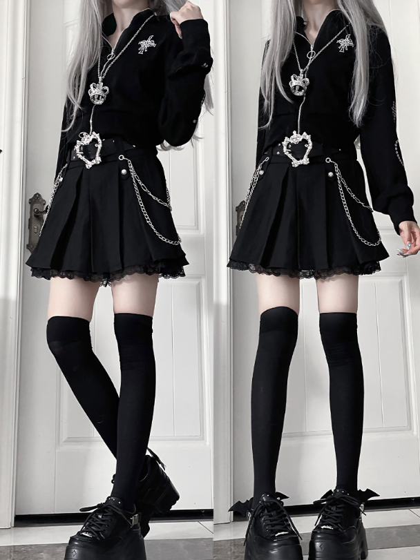 Metal ChainsCross Gothic Studded Motif Black Side PUBelt Lace Hem+Black Skirtwith