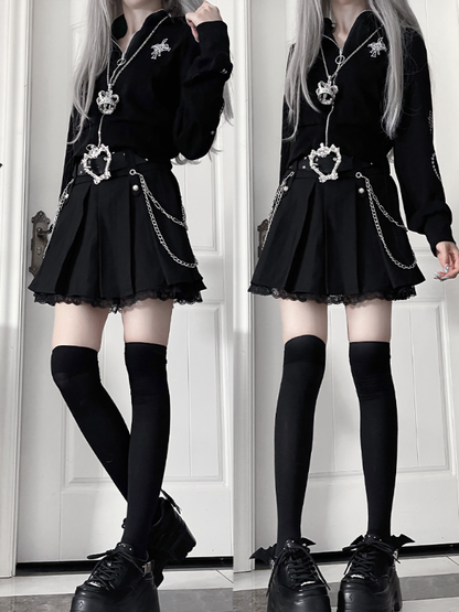 Metal ChainsCross Gothic Studded Motif Black Side PUBelt Lace Hem+Black Skirtwith