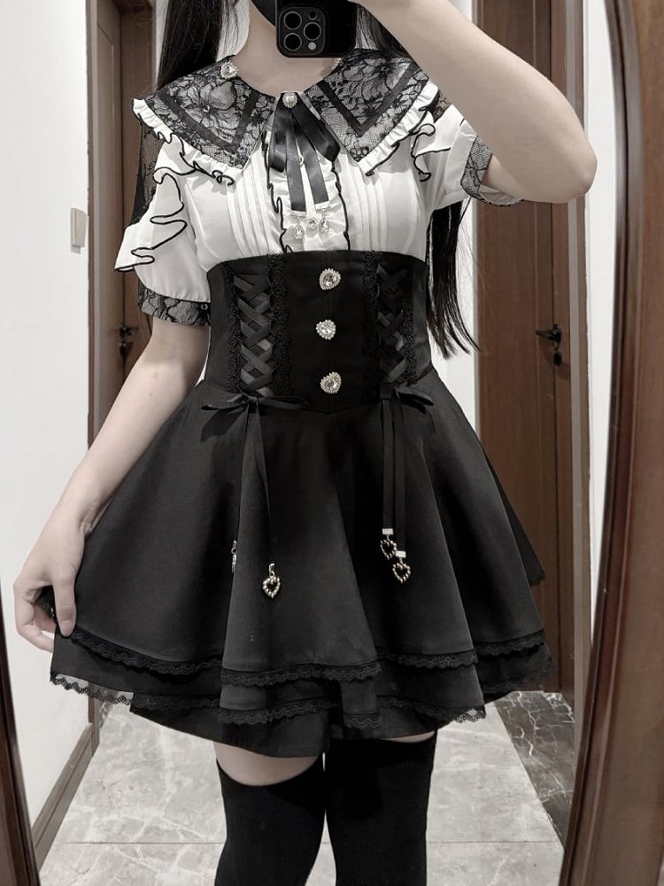 Jirai Kei Double Bow Collar White Blouse with Black Details Lace Shoulder Cutout