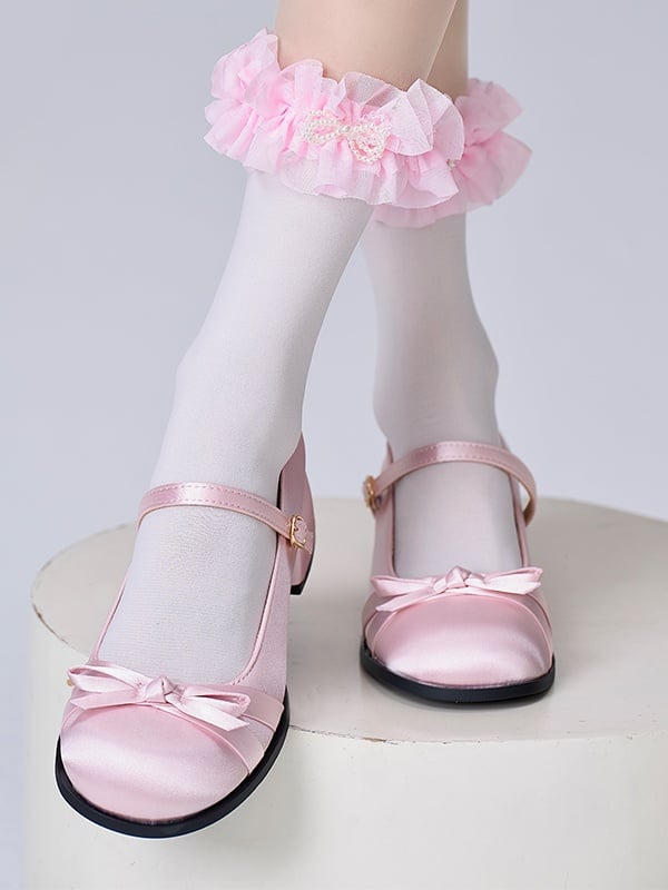 Calf Ruffled Sweet Bowknot with Decoration Socks Lolita White/Pink Beaded
