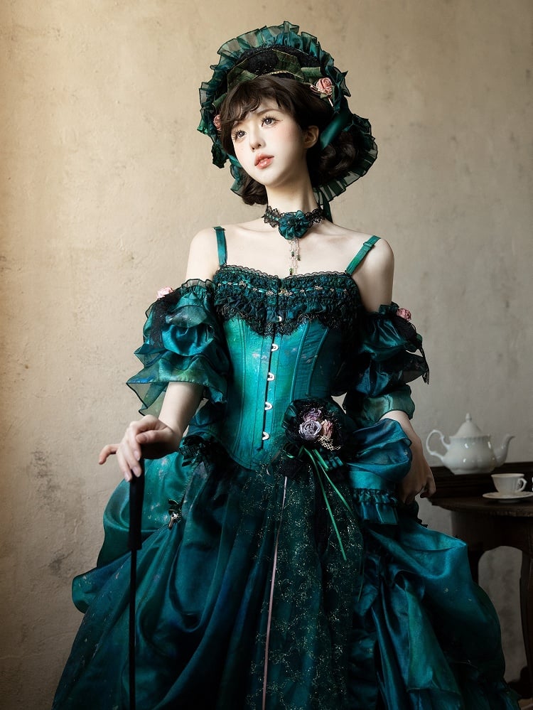 Green Vintage Oil Painting Vibes Boned Corset Top with Deatchable Straps