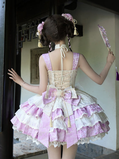 スカートドレス ロリータ ホルターネック バスク ウエスト取り外し可能 Qi パープル ティアード