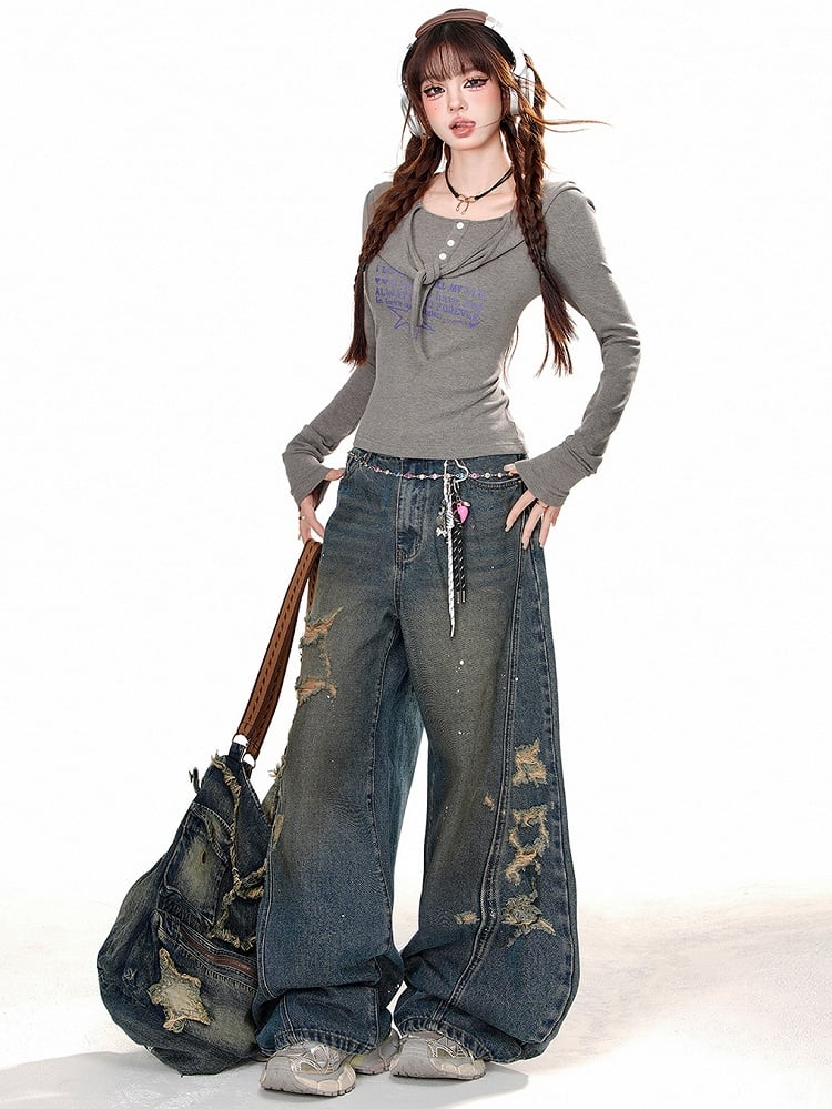 Löcher Distressed Blau Weites Bein Jeans Cut Denim