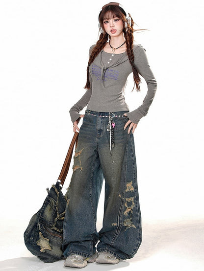 Löcher Distressed Blau Weites Bein Jeans Cut Denim