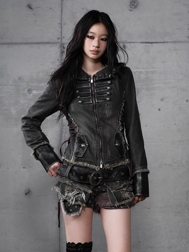 Hooded Detachable Gray Dark Hem Finish with Denim Distressed Jacket Corduroy