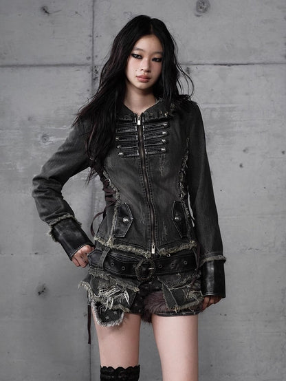 Hooded Detachable Gray Dark Hem Finish with Denim Distressed Jacket Corduroy