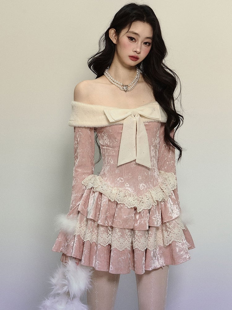 Pink Bow Details Tiered Ruffles Skirt Off-Shoulder Velvet Dress