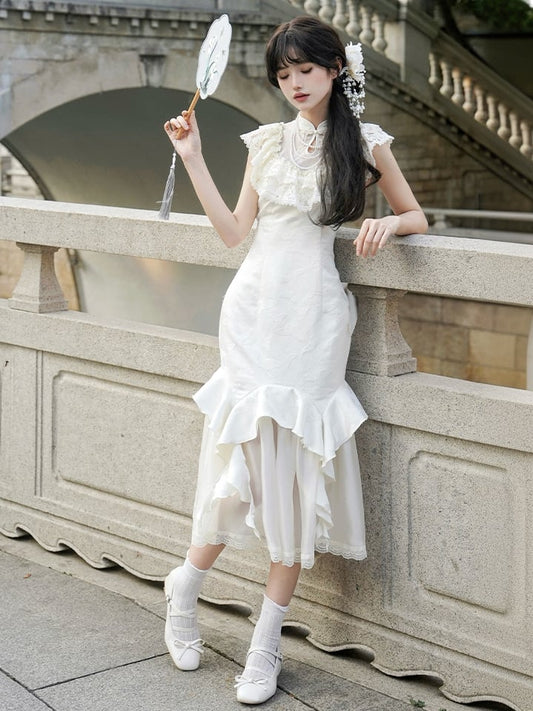 Rüschen Meerjungfrau Schmetterling Jacquard Trim Kleid Qi Qipao Lolita Kaskadenkragen
