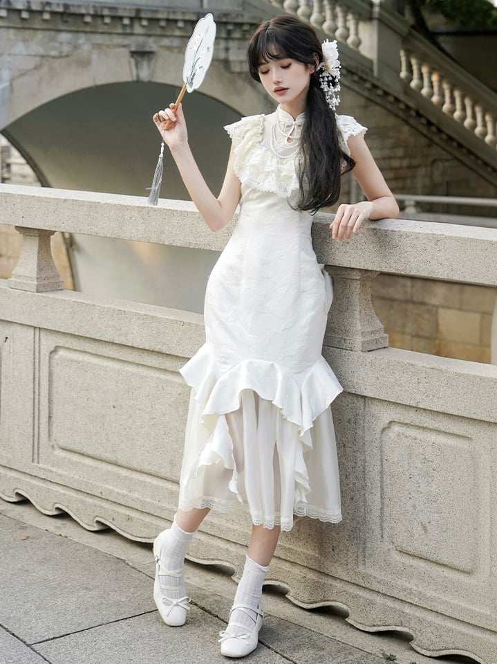 Ruffle Mermaid Butterfly Jacquard Trim Dress Qi Qipao Lolita Cascading Collar