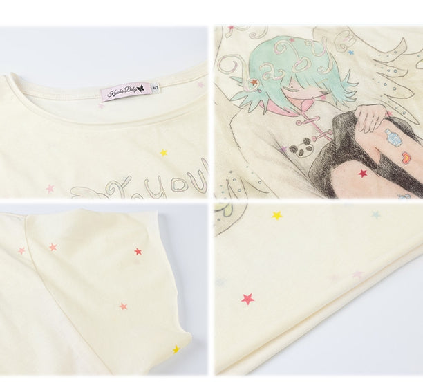 Cartoon Round Neck T-shirt Angel Print Apricot