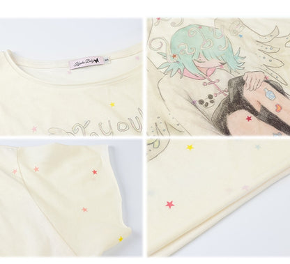 Cartoon Round Neck T-shirt Angel Print Apricot