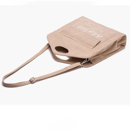  Lightweight With Embroidered Lettering Capacity Brown Corduroy Tote Bag: Large