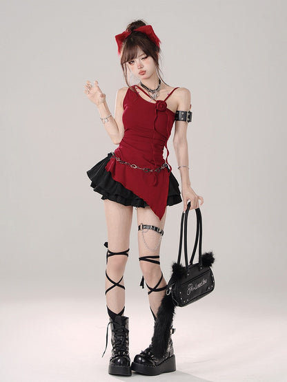 Asymmetrical Shoulder Sleeveless Top with Rose Accent Red