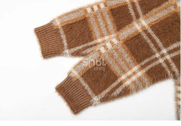 Brown Cute Cookie Bear Adorned Plaid Loose Cardigan