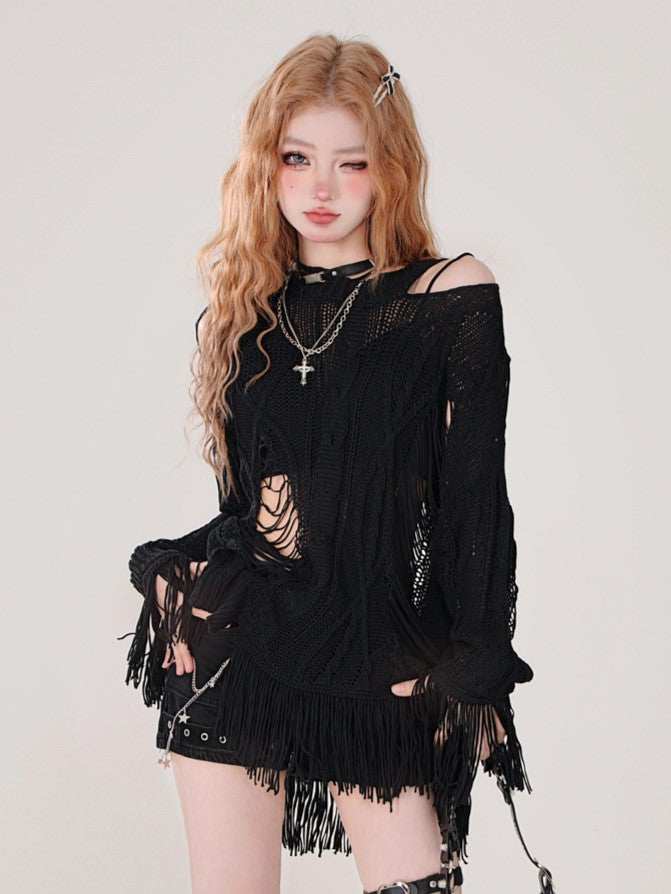 Black Knit Distressed Asymmetrical Top Design Lightweight -