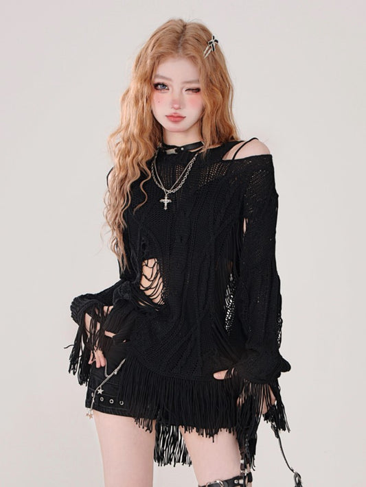 Black Knit Distressed Asymmetrical Top Design Lightweight -