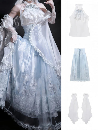 Neck Lily Halter White Blue Top High + Print Sleeveless Super