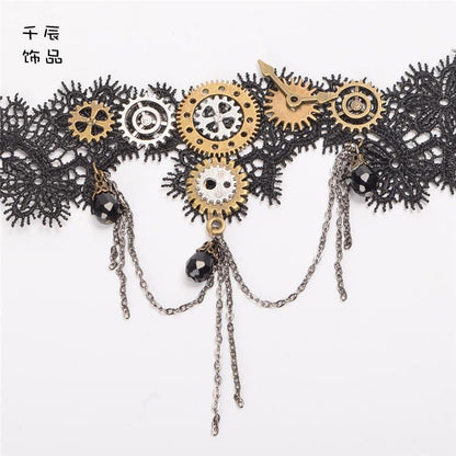 スチームパンク ロリータ タッセルギア ブラック レース チョーカー