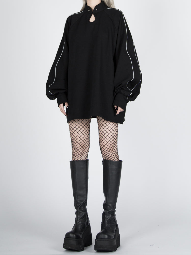 Schwarzes reflektierendes Sweatshirt mit Quaste und Cyberpunk-Gürtel im Qipao-Stil