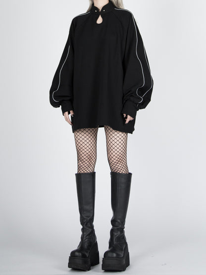 Schwarzes reflektierendes Sweatshirt mit Quaste und Cyberpunk-Gürtel im Qipao-Stil