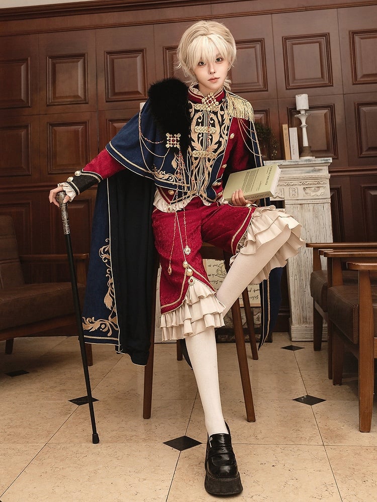 Goldenes Top + Ketten, lang, wunderschöner Stil, Prinzenärmel, blau mit Hose, königlich roter Umhang