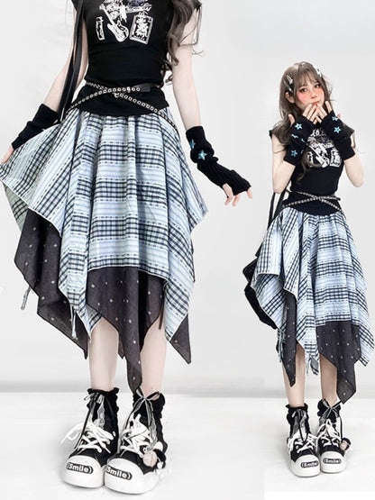 ヴィンテージダスティブルーチェック柄ハンカチ裾グラマラススカート