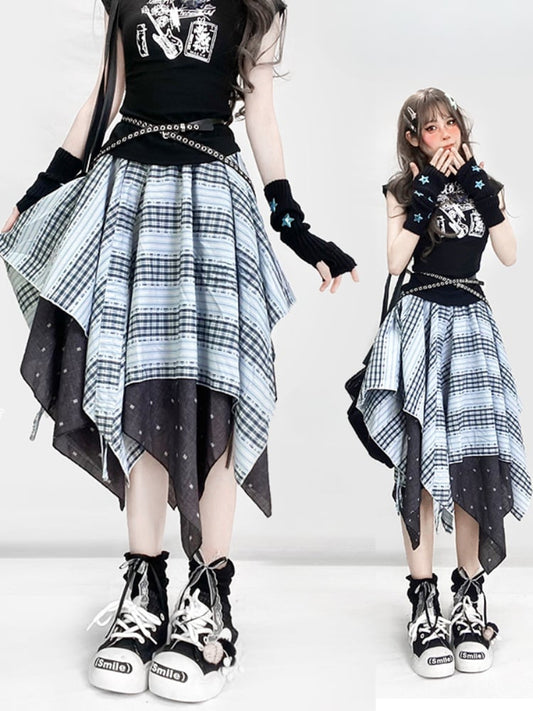 ヴィンテージダスティブルーチェック柄ハンカチ裾グラマラススカート