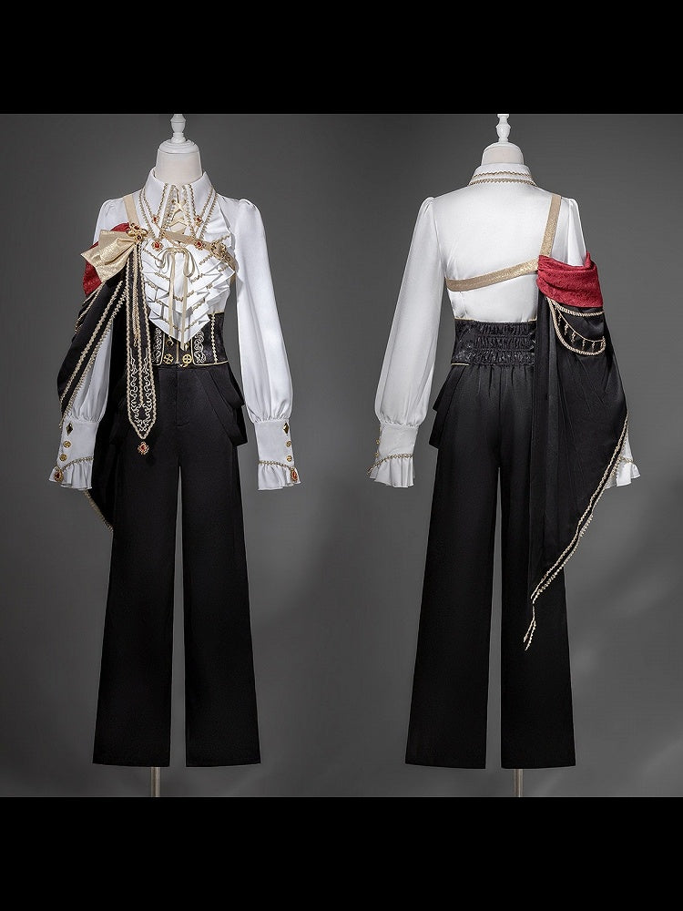 Ouji Knight Lolita Jabot Collar Shirt with One Shoulder Cape and Long Pants Set - Xiong Dou Jiang
