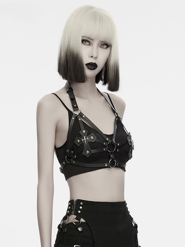 Cross Accents Black Leather Punk Halter Harness - Punk Rave