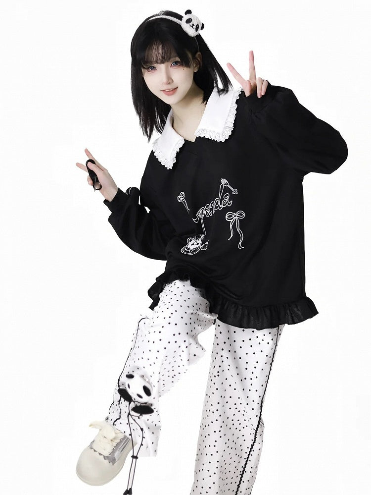 Short/Long Top Sleeves Panda Dessert Print Ruffled Pointed Flat Collar Ruffled Hem Black