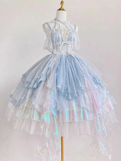 レイヤードプリンセストリムドレススカートコルセットライトウエストカスケーディングブルーフェアリーJSKロリータフリル