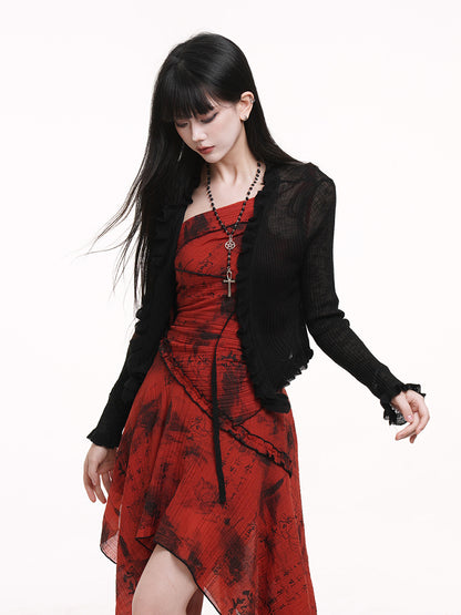 with Tie-Front Cardigan Trim Black Cropped Ruffle Design