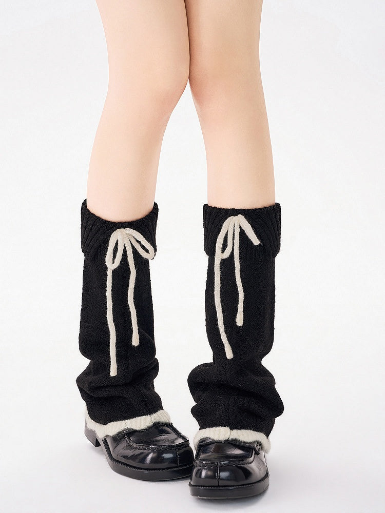 Warmers Detail Leg Bow Fuzzy Knit with 4-Color Contrast Cuff