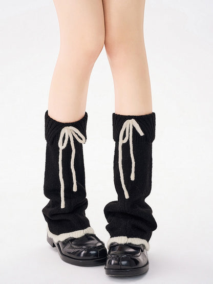 Warmers Detail Leg Bow Fuzzy Knit with 4-Color Contrast Cuff