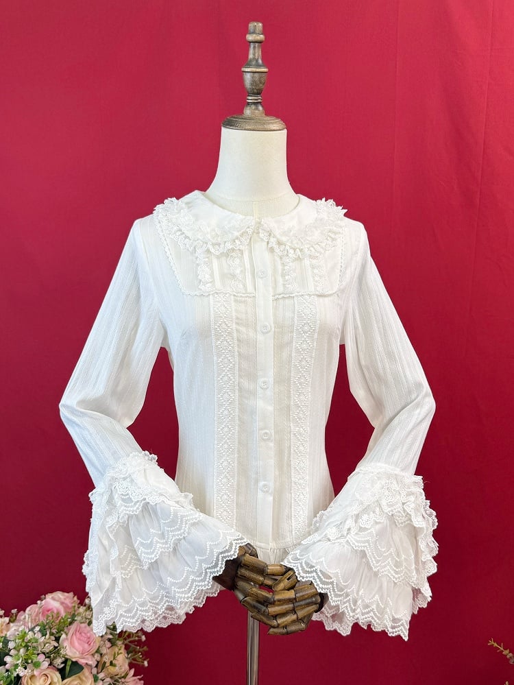 Cotton Sleeves Bell Jacquard Long White Blouse Lolita