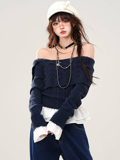 Grey/Navy Blue Off-the-shoulder Neckline Slim-fit Sweater Patchwork Hem and Cuffs