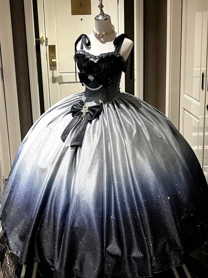 きらめく星空の夜空グラデーションブルーのゴージャスなバースデードレス、プロムドレス