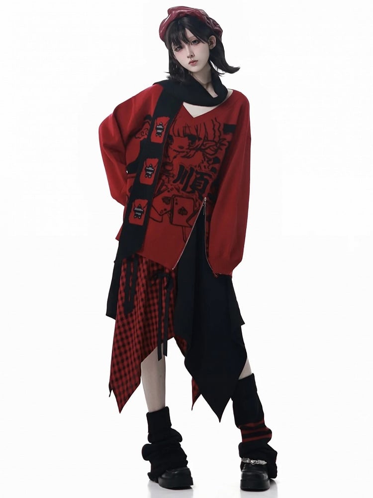 Pattern Zipper Hem Knit Sweater Girl New Loose-Fit Cartoon with Red/Black and Inspired Year