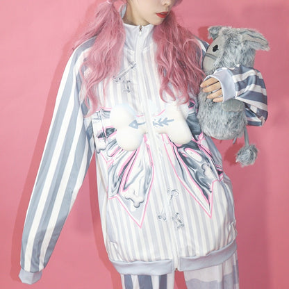 Pattern Striped Fashion Gyaru Gray Jacket Bow Bone Big Print
