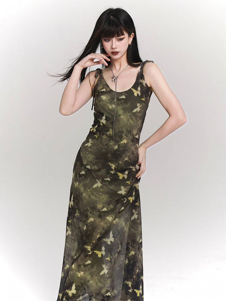 Tie-Strap Adjustable Print with Slip Green Butterfly Dress Ankle-Length Gothic