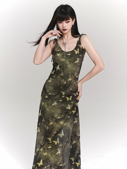 Tie-Strap Adjustable Print with Slip Green Butterfly Dress Ankle-Length Gothic