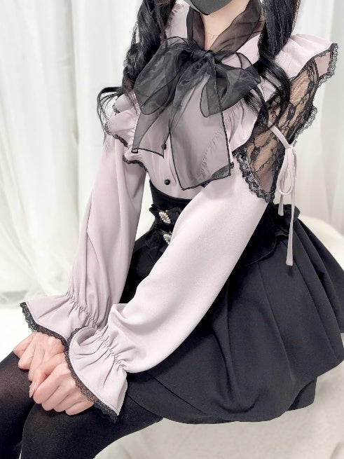 Jirai Kei Black/White/Dusty Cutout Shoulder Blouse Bow Neckline Big Pink