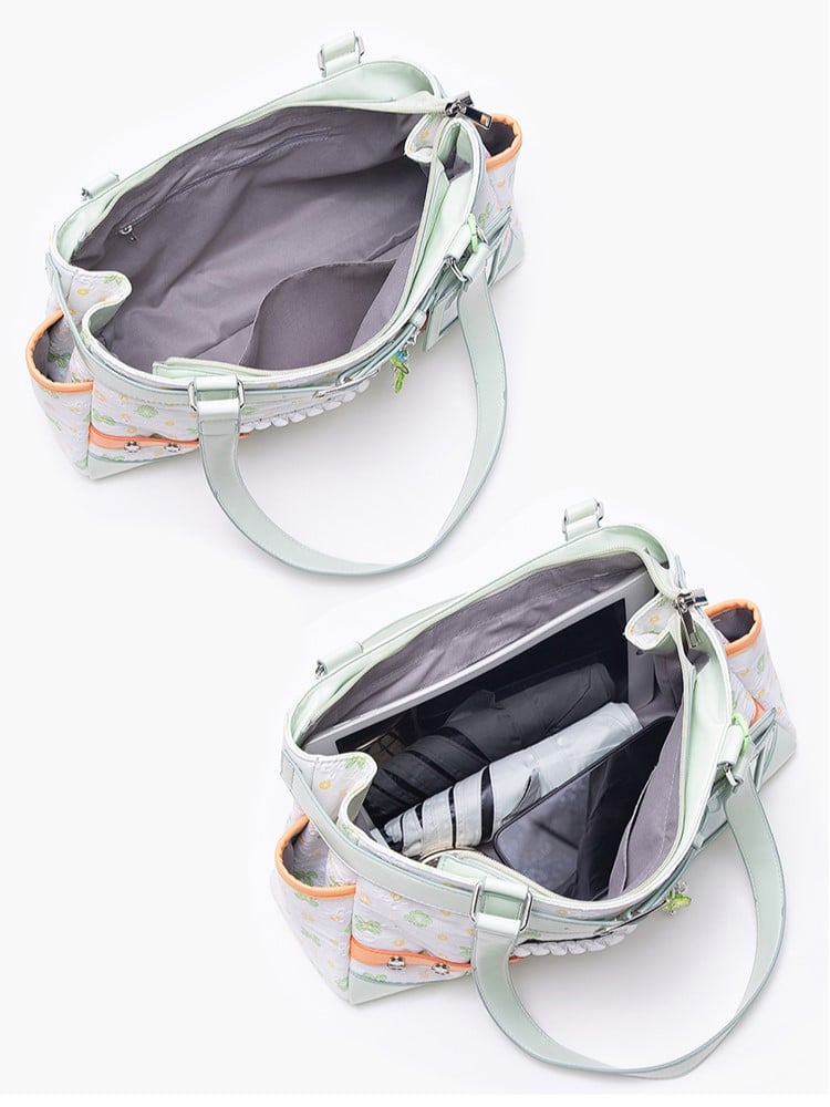 White Green Clover-Themed Large Capacity Tote Ita Bag with Strap Accents And Detachable Ita Card Holder
