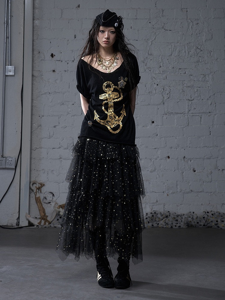 Schwarz/Weißes Navycore-Grafik-T-Shirt im Distressed-Design