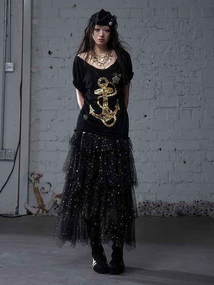 Schwarz/Weißes Navycore-Grafik-T-Shirt im Distressed-Design