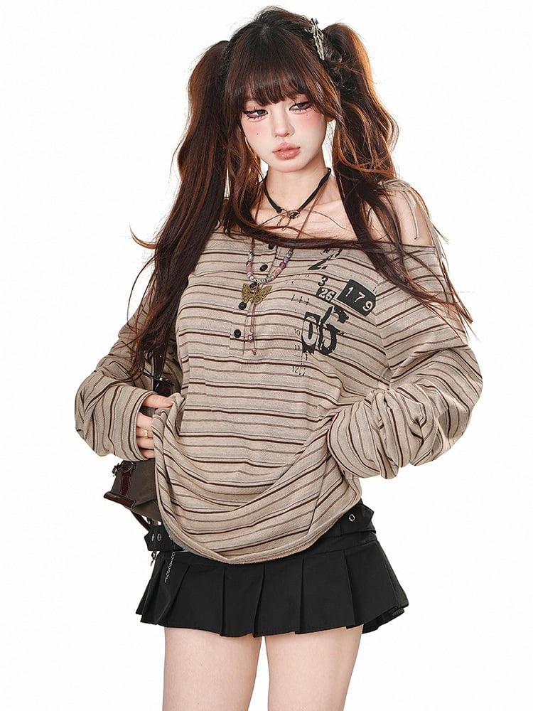 Khakifarbenes, schulterfreies Vintage-Streifen-Top