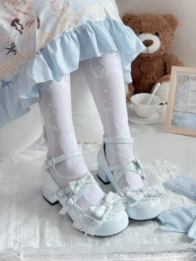 Blue Mid-heel Baby Lace Toe Sweet Round PU Lolita Janes in Mary -