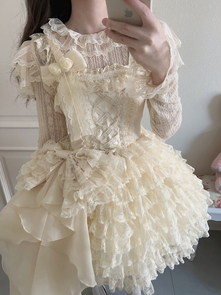 Dress Lace Ruffle Bow + Hem Only Apricot Multi-Layered Train JSK / Lolita