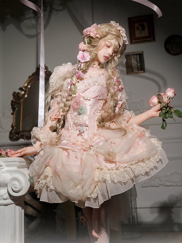 Rosa Blumenfee Korsett mit Knochen Taille Hanayome Prinzessin Lolita JSK Komplettset